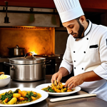 **

A vibrant photo of a chef in a modern Dutch kitchen, creatively plating a dish that combines traditional Moroccan tagine elements with locally sourced Dutch vegetables like kale and parsnips. The scene should emphasize the fusion of cultures and the use of fresh, seasonal ingredients. Focus on warm, inviting lighting and a slightly rustic, yet stylish kitchen setting.

**