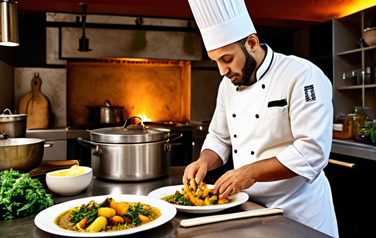 **

A vibrant photo of a chef in a modern Dutch kitchen, creatively plating a dish that combines traditional Moroccan tagine elements with locally sourced Dutch vegetables like kale and parsnips. The scene should emphasize the fusion of cultures and the use of fresh, seasonal ingredients. Focus on warm, inviting lighting and a slightly rustic, yet stylish kitchen setting.

**