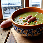 A steaming bowl of "Hollandse Erwtensoep" (Dutch pea soup), also known as "snert," with visible pieces of "rookworst" (smoked sausage) and vegetables. The soup has a thick, hearty texture. The background should evoke a cozy, traditional Dutch kitchen setting, perhaps with Delftware tiles or a glimpse of a winter landscape through a window.