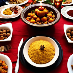 **Prompt:** A festive Christmas dinner table setting with a Moroccan tagine as the centerpiece, surrounded by curious and delighted guests. Warm lighting, spices visible, creating a cozy and exotic atmosphere.