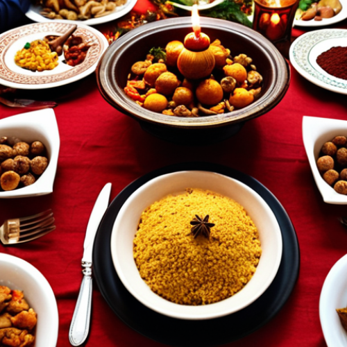 **Prompt:** A festive Christmas dinner table setting with a Moroccan tagine as the centerpiece, surrounded by curious and delighted guests. Warm lighting, spices visible, creating a cozy and exotic atmosphere.
