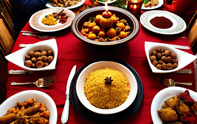 **Prompt:** A festive Christmas dinner table setting with a Moroccan tagine as the centerpiece, surrounded by curious and delighted guests. Warm lighting, spices visible, creating a cozy and exotic atmosphere.