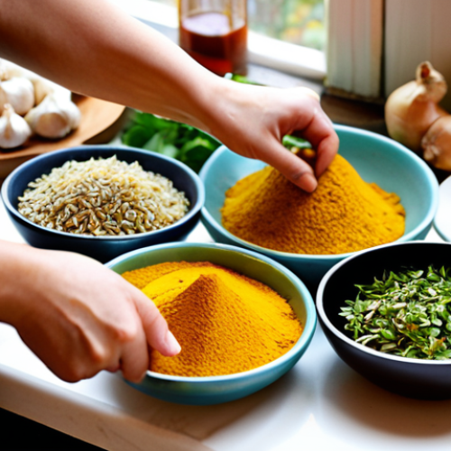 A warm, inviting close-up shot of a modern kitchen counter. Focus on hands preparing a medley of essential world cuisine ingredients: fresh garlic cloves, a knob of ginger being sliced, bottles of soy sauce and fish sauce, vibrant green sprigs of cilantro and basil, and small bowls filled with colorful spices like turmeric, cumin, and chili flakes. The background should be softly blurred, suggesting a cozy home environment. The scene should evoke a sense of culinary adventure and the rich aromas of cooking.