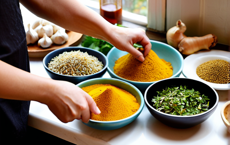 A warm, inviting close-up shot of a modern kitchen counter. Focus on hands preparing a medley of essential world cuisine ingredients: fresh garlic cloves, a knob of ginger being sliced, bottles of soy sauce and fish sauce, vibrant green sprigs of cilantro and basil, and small bowls filled with colorful spices like turmeric, cumin, and chili flakes. The background should be softly blurred, suggesting a cozy home environment. The scene should evoke a sense of culinary adventure and the rich aromas of cooking.
